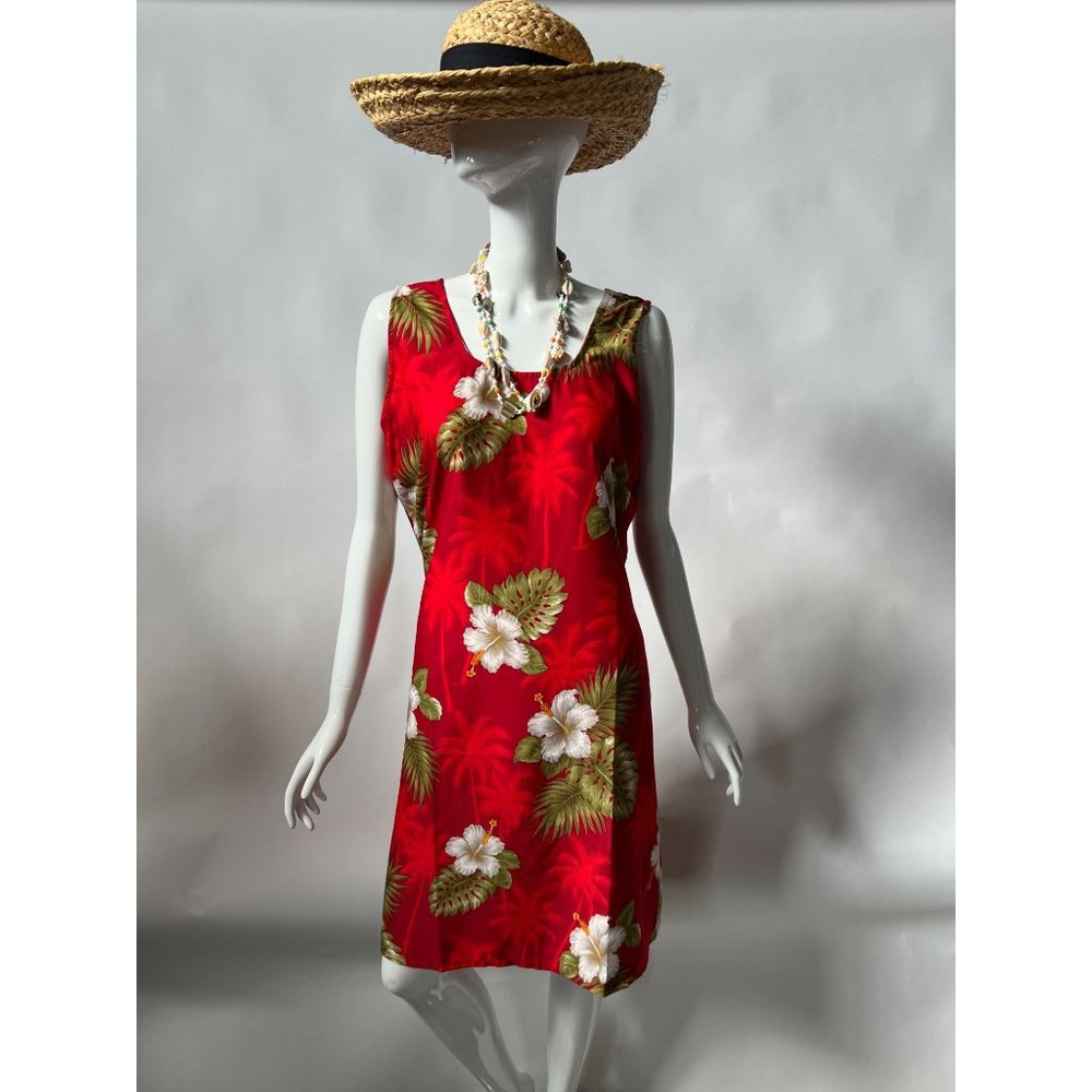 Rima Hawaiian Styled Shift Dress  L Red  Hawaiian Pattern Terivoile
